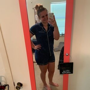 Navy and white polka dotted pajama set